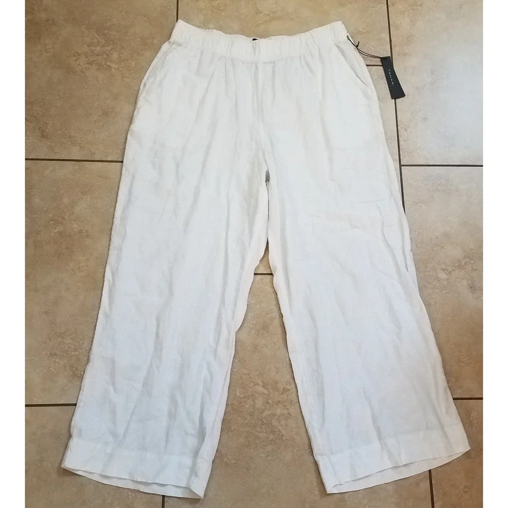 Tahari Pants Women Large L White 100% Linen Wide Leg PullOn Lagenlook Resort NEW